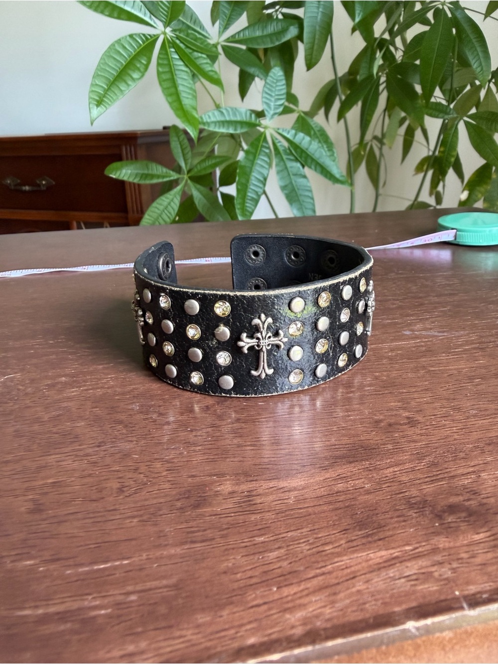 Buckle Black Studded Leather Cuff with Cross Accent